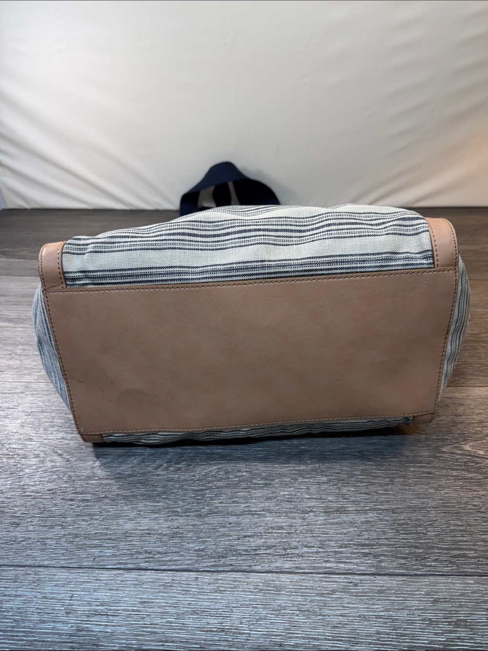 Fossil Striped Canvas Tote with Tan Trim and Navy Handles - Picture 4 of 7